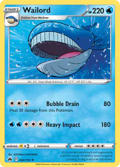 Wailord card (Crown Zenith 32) with Wishiwashi in the artwork