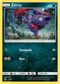 Zorua card (Sun & Moon Black Star Promos 83) with Zoroark in the artwork